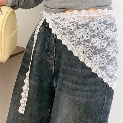 Women's Lace Trim Triangle Short Skirt Korean Style Stacked Half Skirt Small Apron Butt Curtain Soft Chiffon Fashion - white