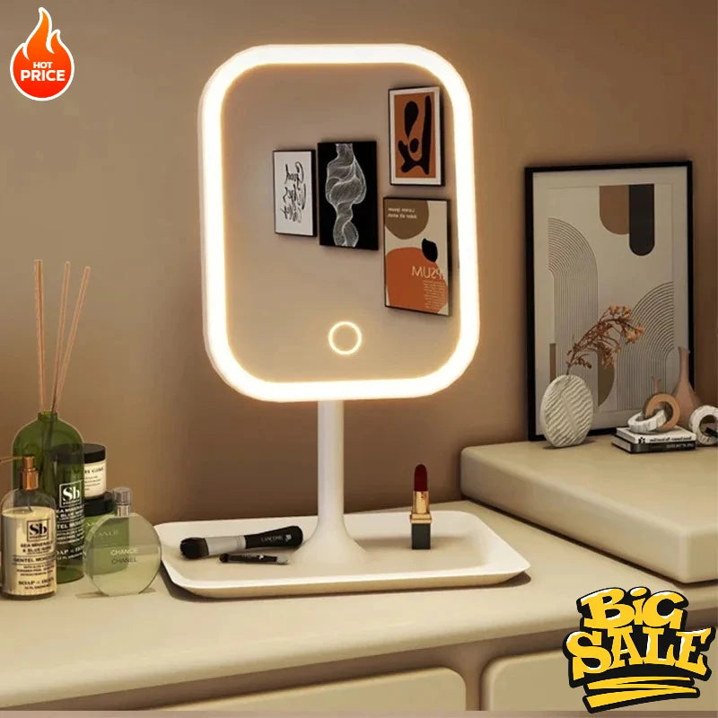 New 1Pc LED Modern Desktop Vanity Mirror, Portable 3 Color Light LED Makeup Mirror Touching Mirror Women Bedroom Dressing Mir