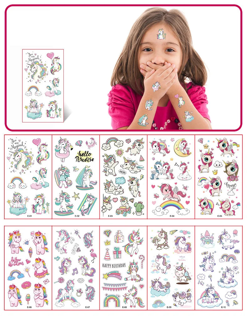 10 Sheets/Pack Kids Cartoon Unicorn Tattoo Sticker for Children's Arm Hands Body Cute Temporary Fake Tatoo