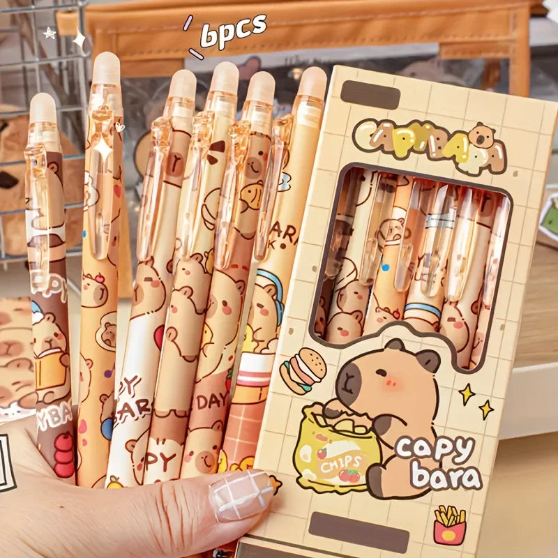 6pcs Cute Capybara Erasable Gel Pens | 0.5mm Retractable Blue Ink for School & Office | Smooth Writing & Quick-Drying (6 Colo