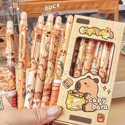 6pcs Cute Capybara Erasable Gel Pens | 0.5mm Retractable Blue Ink for School & Office | Smooth Writing & Quick-Drying (6 Colo