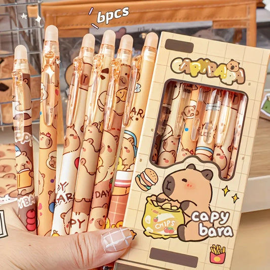 6pcs Cute Capybara Erasable Gel Pens | 0.5mm Retractable Blue Ink for School & Office | Smooth Writing & Quick-Drying (6 Colo