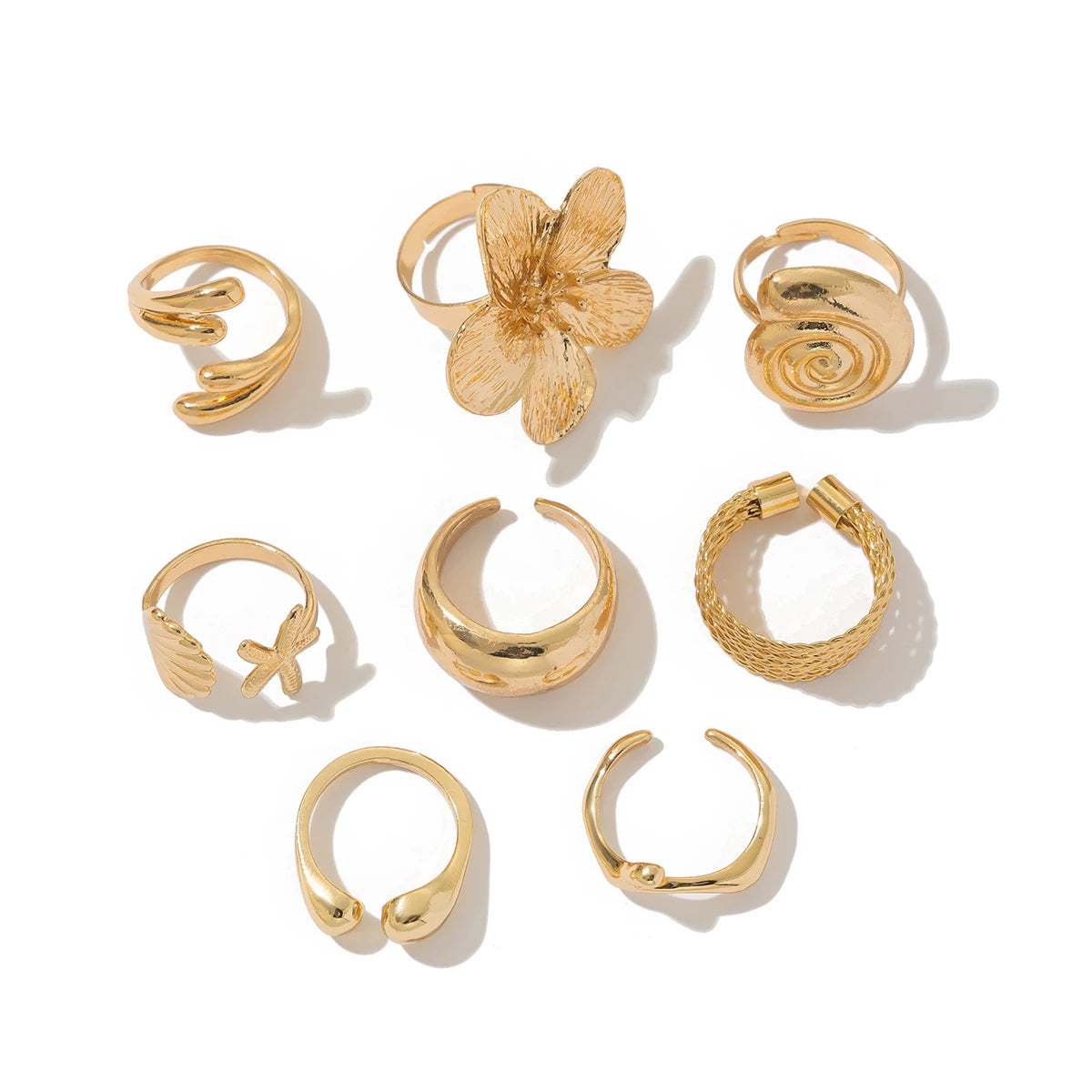 Ingemark 8Pcs/Set Vintage Metal Petal Flower Water Drop Open Rings for Women Trend 2025 Goth Geometric Ring Daily Jewelry Gif