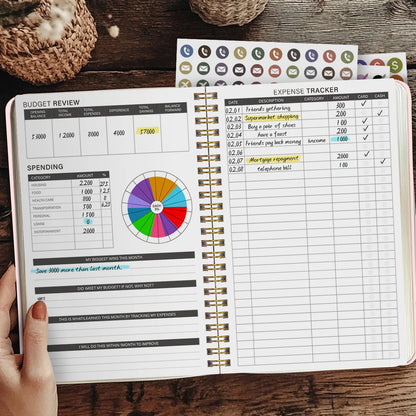 A5 Budget Planner Book with 3 Sheets Stickers, Undated Monthly Finance Organizer, Budget Journal for Money Management, Cash F