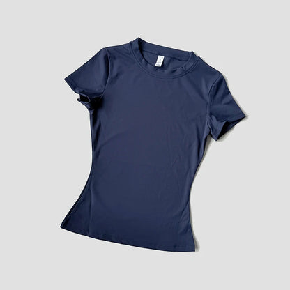 Women Yoga Top Seamless Sport T Shirts Fitness Clothes Short Sleeve Yoga Shirt Gym Top Running Active Wear - Navy / L