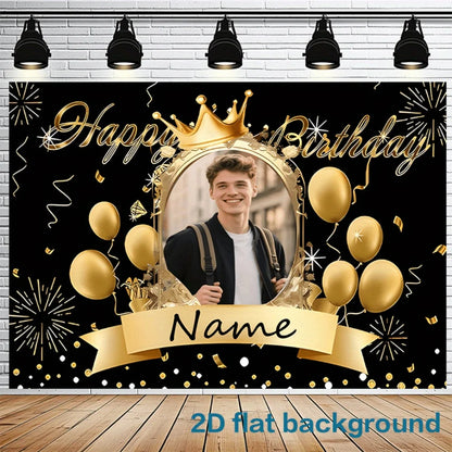 Party Banner 1pc Personalized Customization of Photos and Name Text, Black Golden Theme,for Family Party Events,Birthday Part