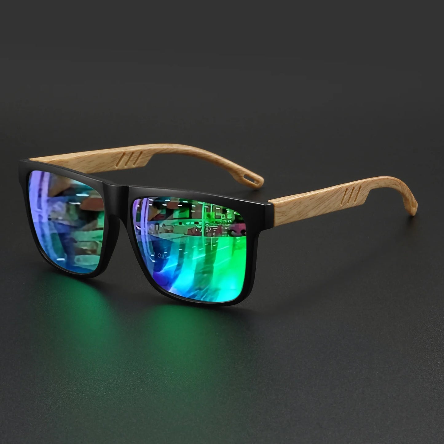 New Fashion Square Sunglasses - Wood Grain Spring Hinge, UV400 Unisex for Driving, Hiking & Travel - C4-green mirror
