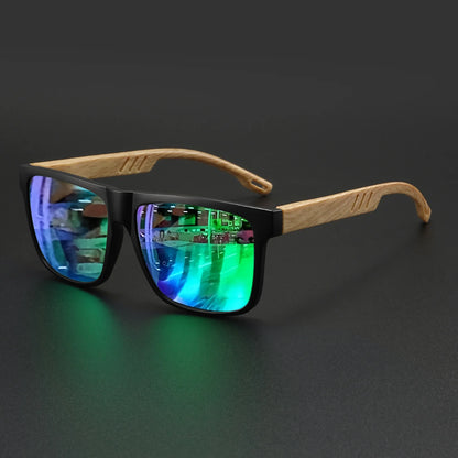 New Fashion Square Sunglasses - Wood Grain Spring Hinge, UV400 Unisex for Driving, Hiking & Travel - C4-green mirror