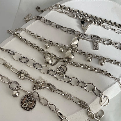 100% Solid 925 Sterling Silver Metal Bracelet for Women Vintage Handmade Simple Retro Heart Chain Bracelet Birthday Gift Part