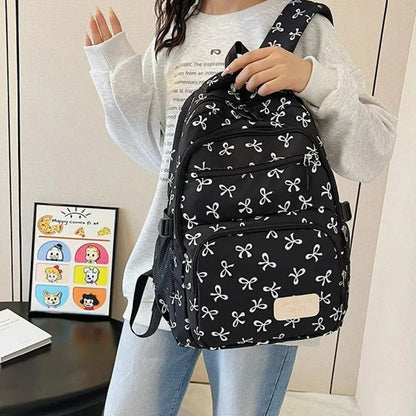 3 Pcs/Set Cute Schoolbag Large Capacity Bow Backpack Bow Print Nylon School Bag Adjustable Strap Travel Backpack