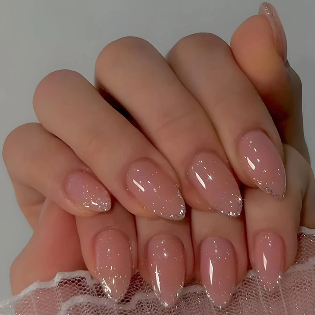 24PCS/ Almond Fake Nails Instantly Upgrade Your Look, Pink and White Set Off by Gold Lines, Simple and Generous, Suitable for