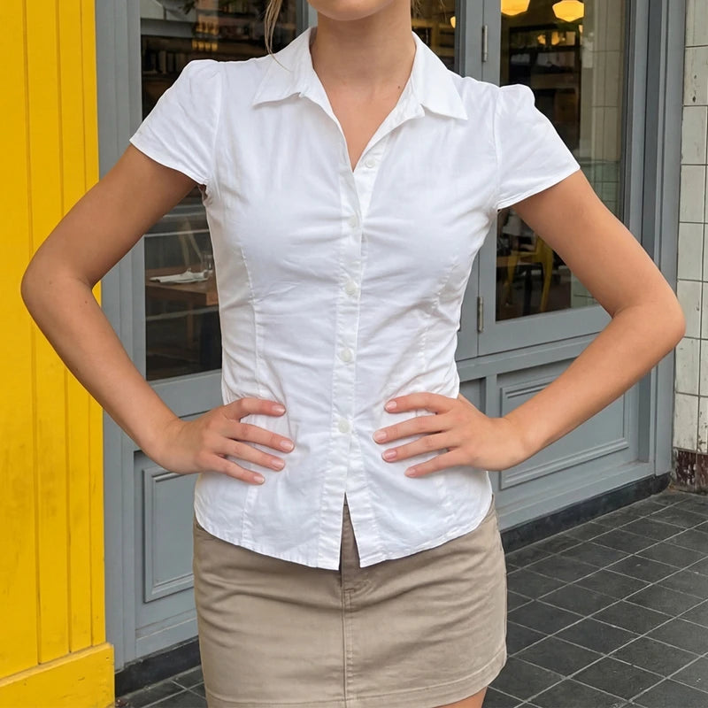 Women Short Sleeve Button Down Shirts Vintage Stripe Print Slim Fitted Cropped Collared Blouse Elegant Lady Business Shirts