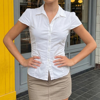 Women Short Sleeve Button Down Shirts Vintage Stripe Print Slim Fitted Cropped Collared Blouse Elegant Lady Business Shirts -