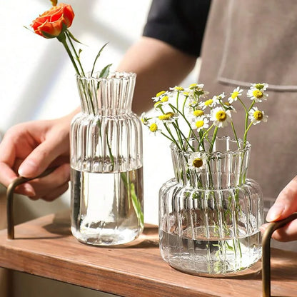 Transparent Glass Vases Hydroponic Plants Flower Arrangement Bottle Mini Retro Striped Vase Home Room Dinner Table Decor ﻿