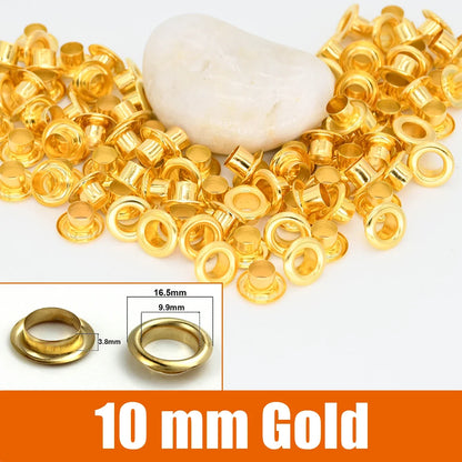 100sets 6/8/10/12mm Brass Eyelets with Washers Grommet Repairing Round Eye Rings for Shoes Bag Clothing Skin Belt Hat - 10mm 