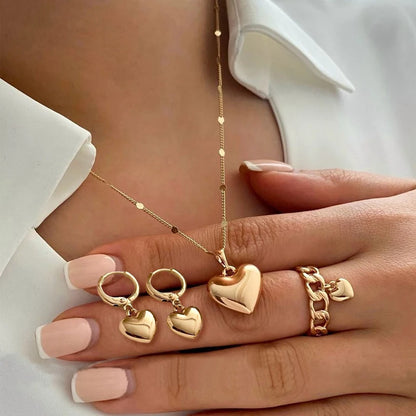 4Pcs/Set Vintage Love Heart Pendant Necklace Ring Hoop Earring for Women Simple Gold Color Smooth Jewelry Set Elegant Party G