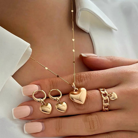 4Pcs/Set Vintage Love Heart Pendant Necklace Ring Hoop Earring for Women Simple Gold Color Smooth Jewelry Set Elegant Party G