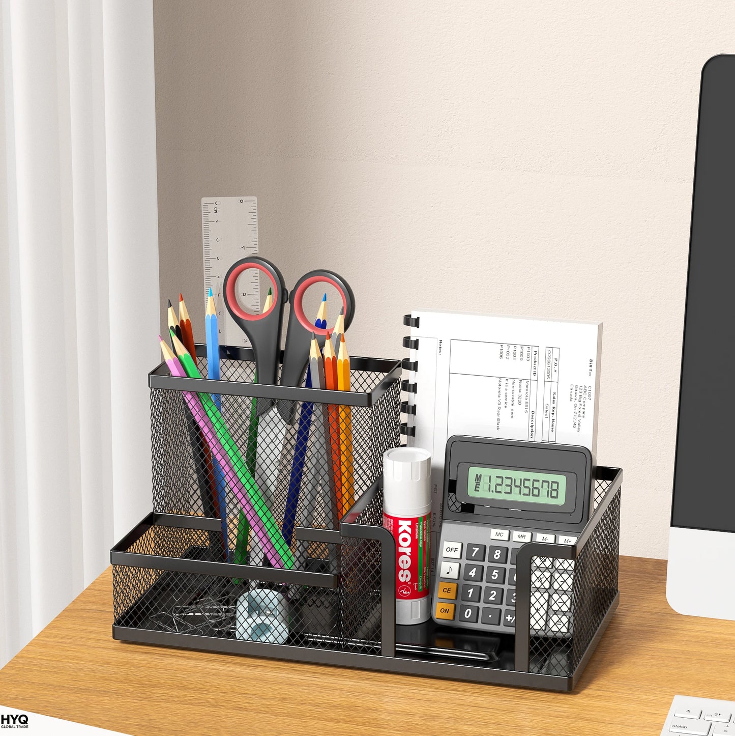 Mesh Desk Organizer Office Supplies Caddy with Pencil Holder and Storage Baskets for Desktop Accessories, 3 Compartments, Bla
