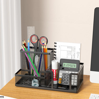 Mesh Desk Organizer Office Supplies Caddy with Pencil Holder and Storage Baskets for Desktop Accessories, 3 Compartments, Bla