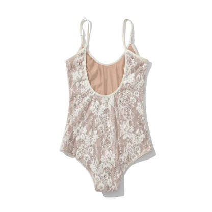Sexy See Through Lace With Lining Backless Spaghetti Strap Bodysuit Woman Sling Tight Short Jumpsuit Slim Fit Rompers Playsui