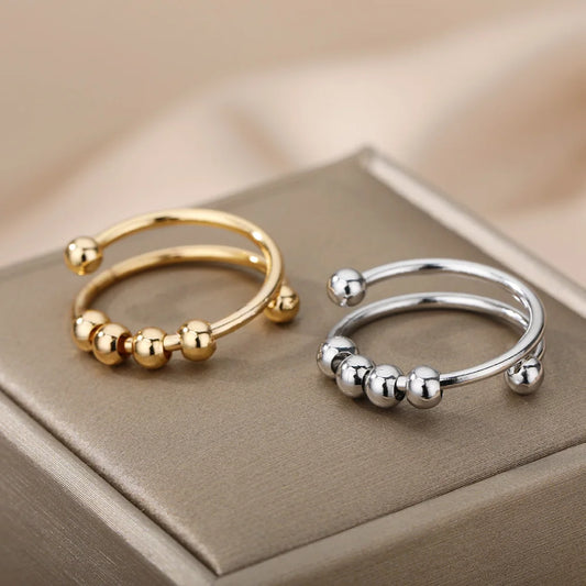 Anxiety Balls Beads Rings for Women Open Spinner Adjustable Finger Ring Stainless Steel Rotating Freely Anti Stress Jewelry G