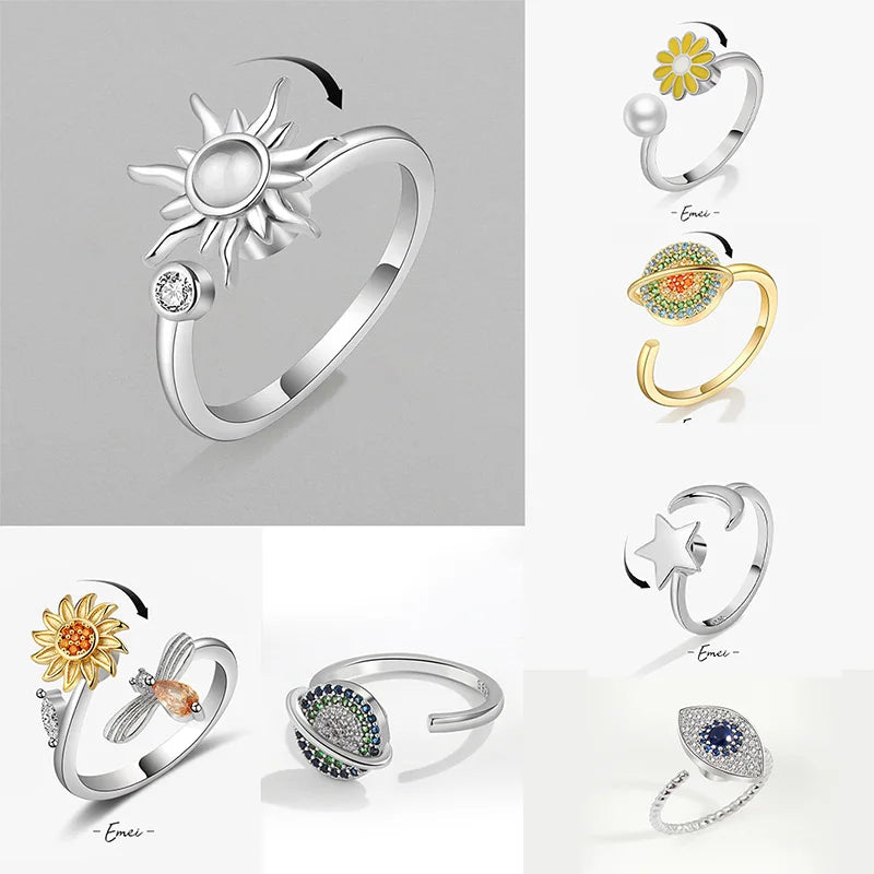 Anti Stress Anxiety Fidget Rings for Women Satinless Steel Spinner Sunflower Sun Star Ring Trendy Jewelry Gift