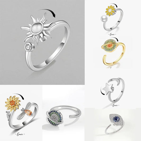 Anti Stress Anxiety Fidget Rings for Women Satinless Steel Spinner Sunflower Sun Star Ring Trendy Jewelry Gift