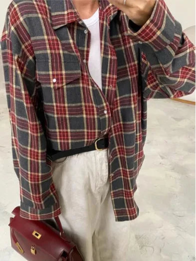 New Vintage Women Oversized Long Sleeve Plaid Shirt Blouse Tops Autumn Winter Button Down Loose Lapel Pocket Shirt Korean Sty