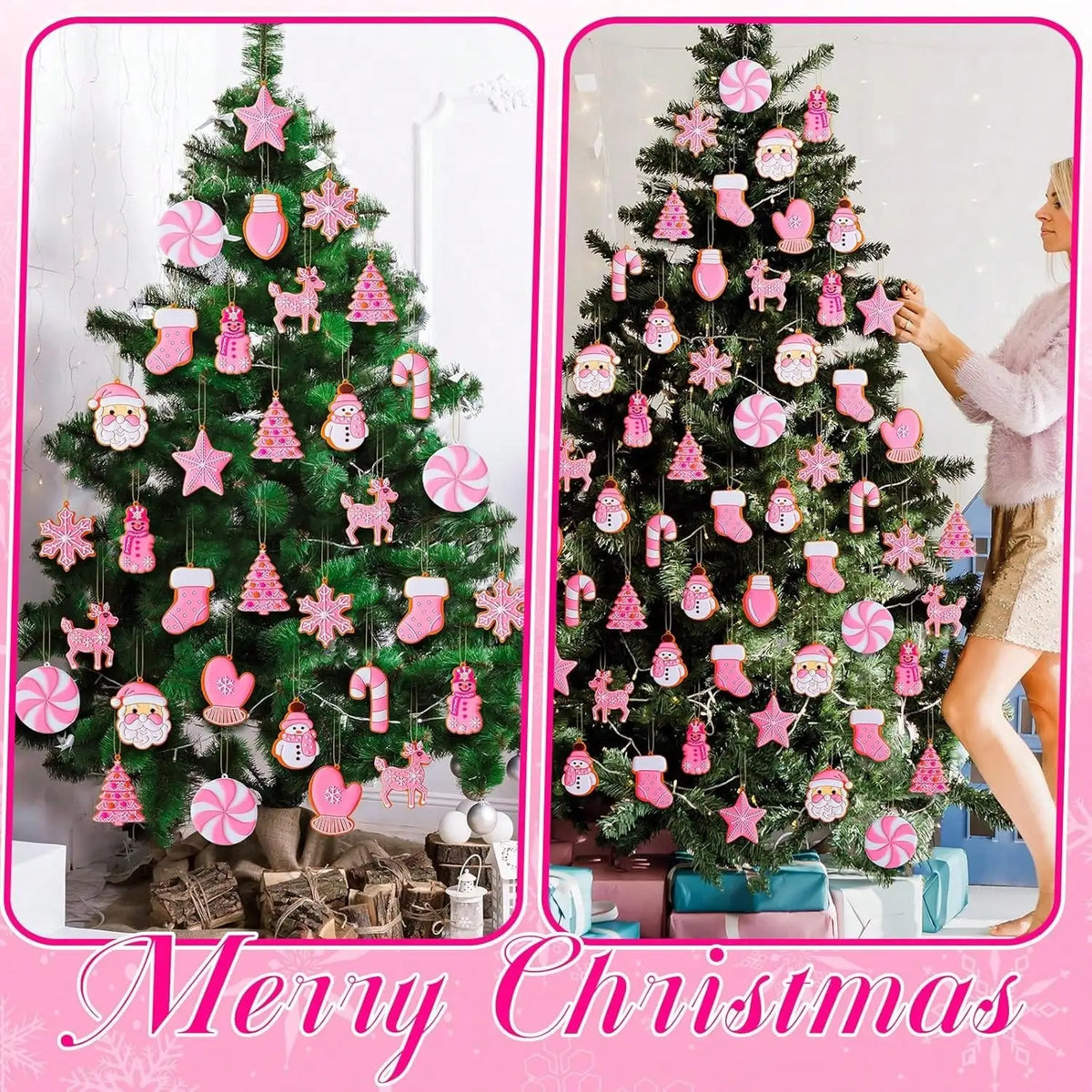 Pink Christmas Tree Ornaments Gingerbread Snowflake Silicone Balls Hanging Decor For DIY Crafts
