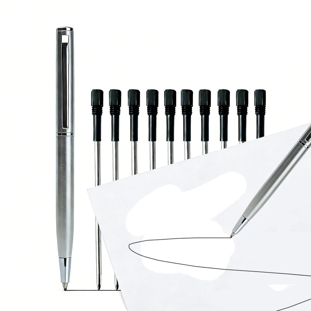 Mini Stainless Steel Metal Ballpoint Pen with 10 Replacement Refills Set, Portable Pocket Ballpen Compact Short Pen for Walle