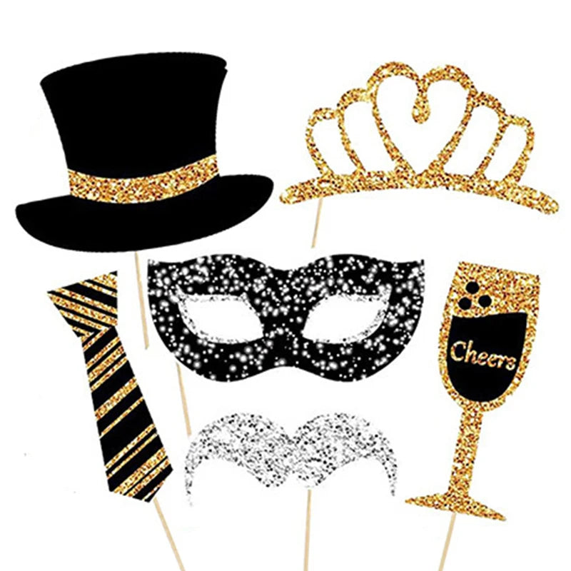 30pcs Black Golden Party Photo Booth Props for Birthday Weddings Graduation Prom New Year Party Supplies Hats Lipstick Tie Cr