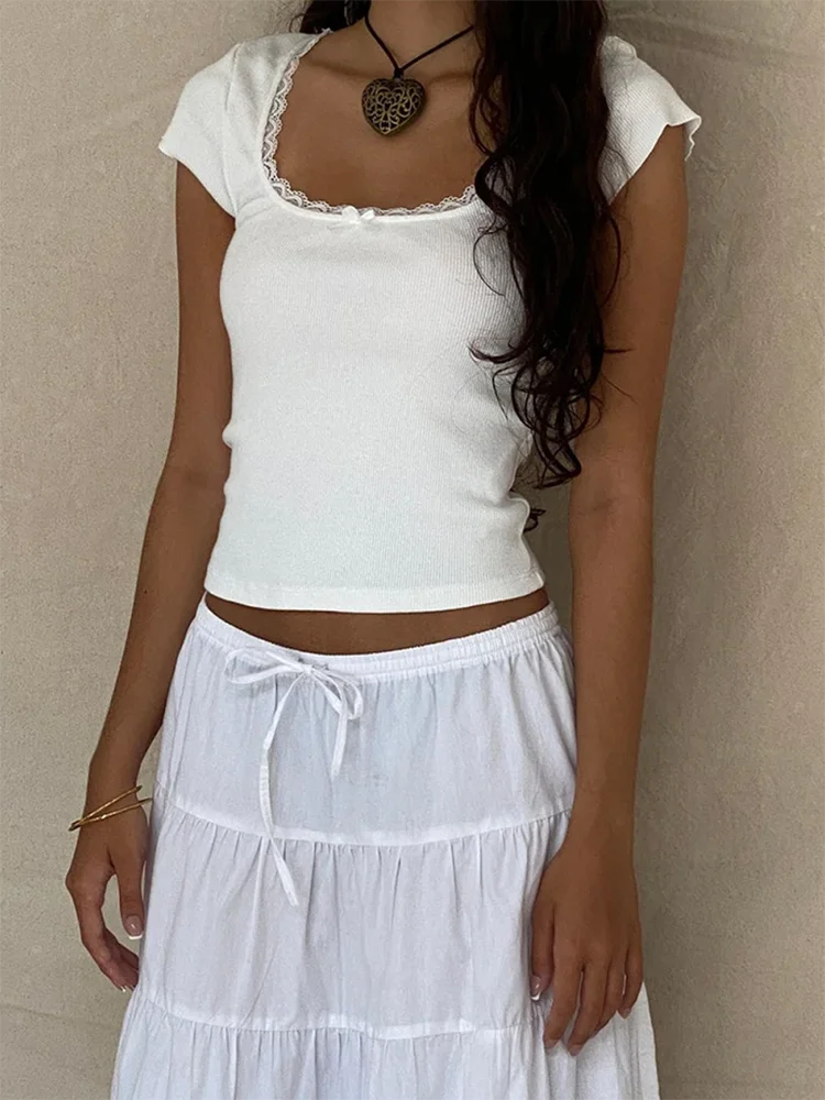 y2k Vintage Baby Tee Cottage Lace Trim Knitted T-Shirt Summer Square Neck Short Sleeve Tee Shirt Women White Milkmaid Crop To