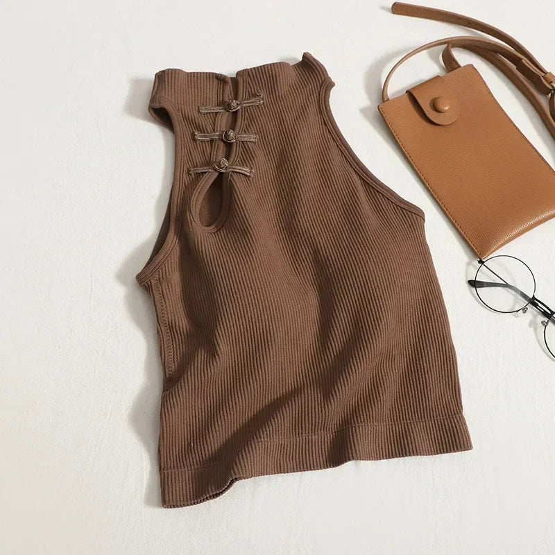 Vintage Hault Tanks Camis For Women Sleeveless Almighty Casual Button Femme Croset Crop Tops With Built in Bras Woman Camisol
