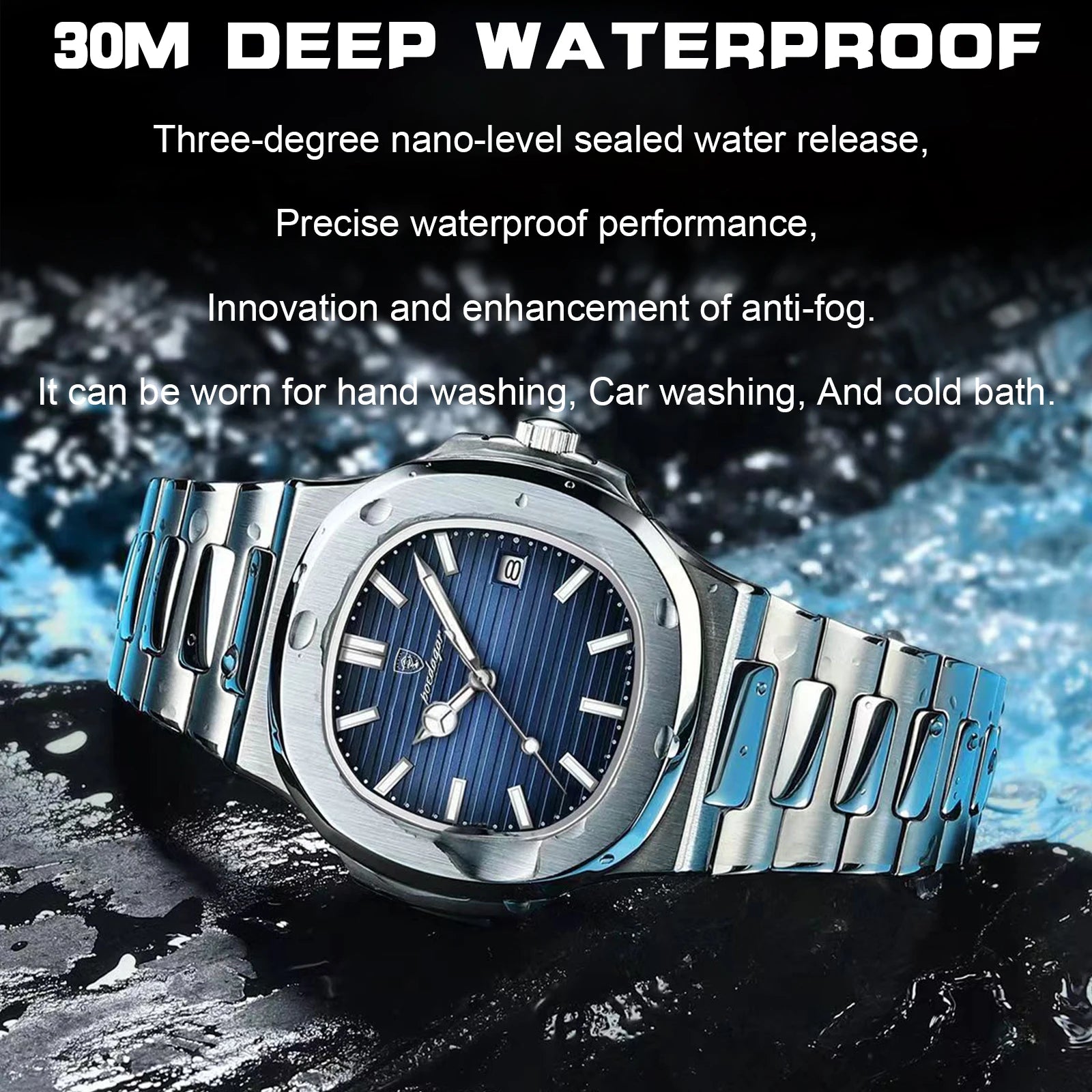 POEDAGAR Square Luxury Men Wristwatch Waterproof Luminous Date Stainless Steel Male Clock Business Sports Quartz Watches For 