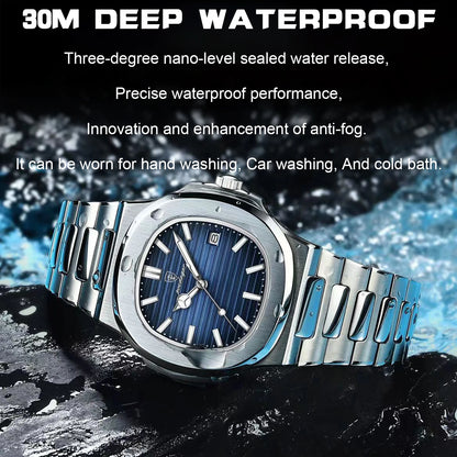 POEDAGAR Square Luxury Men Wristwatch Waterproof Luminous Date Stainless Steel Male Clock Business Sports Quartz Watches For 