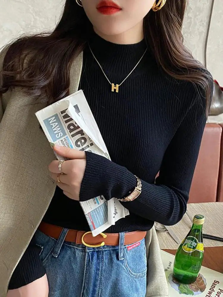 Autumn Winter Mock Neck Women Sweater Vintage Basic Solid Knitted Korean Tops Casual Slim Pullover Sweaters Simple Chic Jumpe