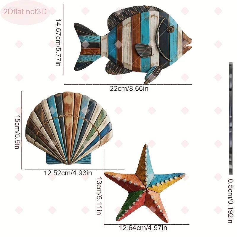 1 Set of Colorful Wooden Ocean Art Wooden Sea Fish Shells Starfish Farmhouse Style Decor Living Room Bedroom Wall Art Decorat