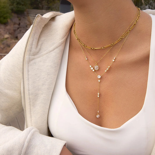 Ars Stainless Steel Y Necklace Dainty Lariat Drop Chain Necklaces Women's 18k Gold Plated Chain Necklace Multi Zirocn Necklac