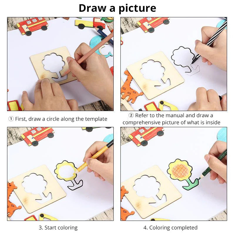 42pcs Wooden DIY Drawing Template Templates With Markes, Children's Drawing Template Drawing Tool Set