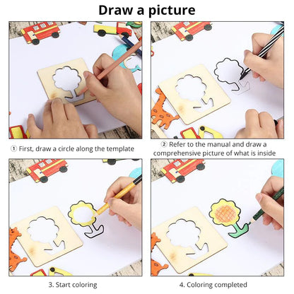 42pcs Wooden DIY Drawing Template Templates With Markes, Children's Drawing Template Drawing Tool Set