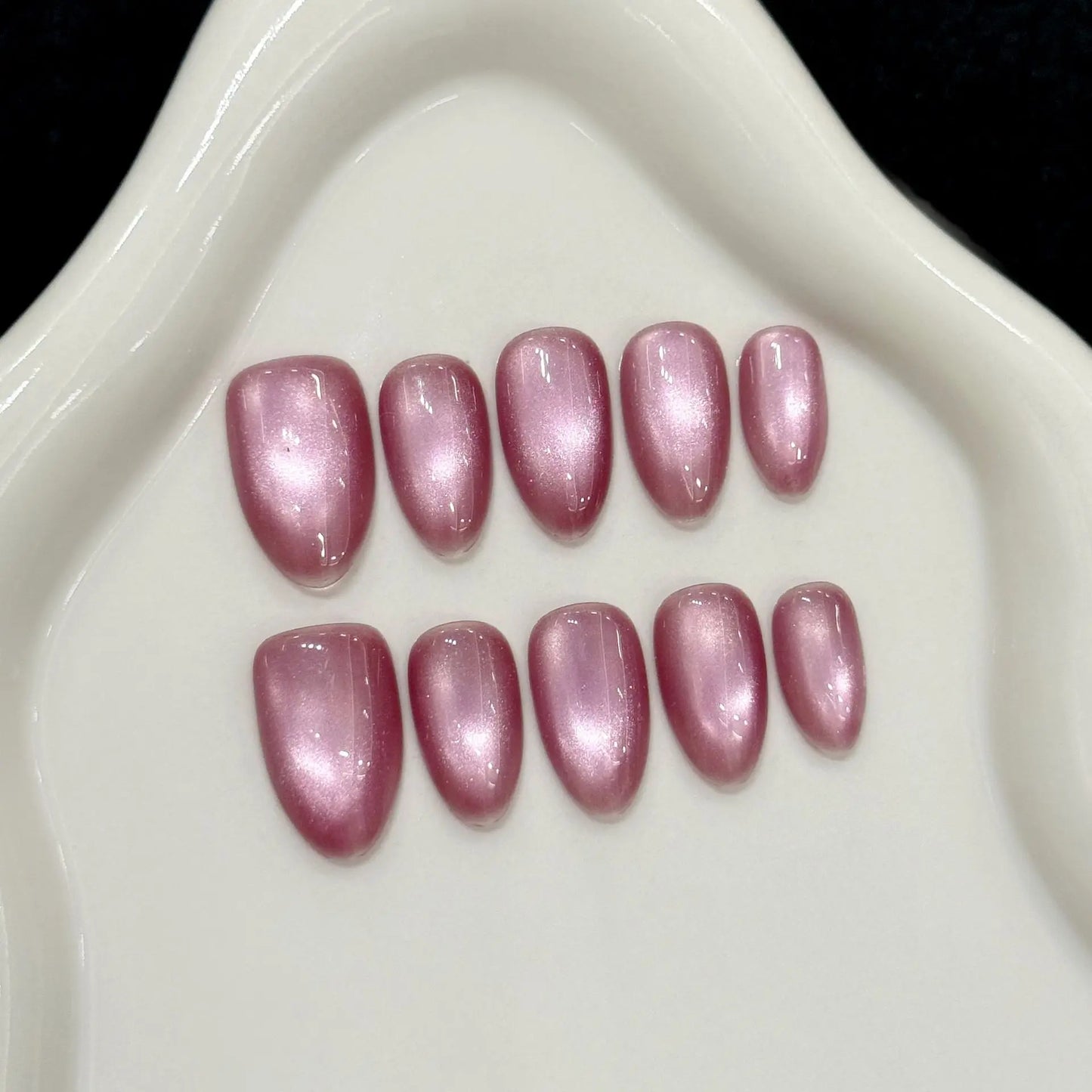 10pcs Handmade Press On Nails Solid Color Glossy Glass Beads Cat's Eye False Nails Full Cover Short Almond Fake Nail For Wome