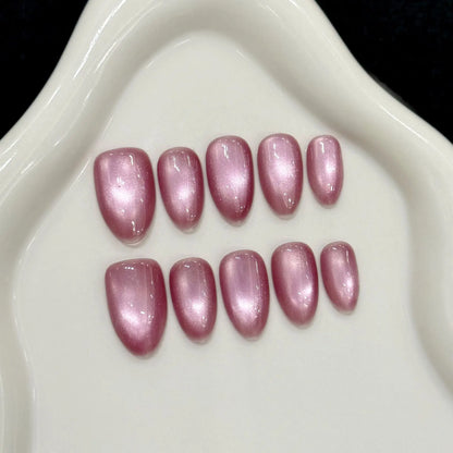 10pcs Handmade Press On Nails Solid Color Glossy Glass Beads Cat's Eye False Nails Full Cover Short Almond Fake Nail For Wome