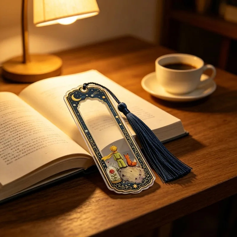 2pcs Vintage Little Prince Acrylic Bookmark, Starry Moon Fox Rose Print Page Marker with Navy Tassel,Reading Accessory Gift