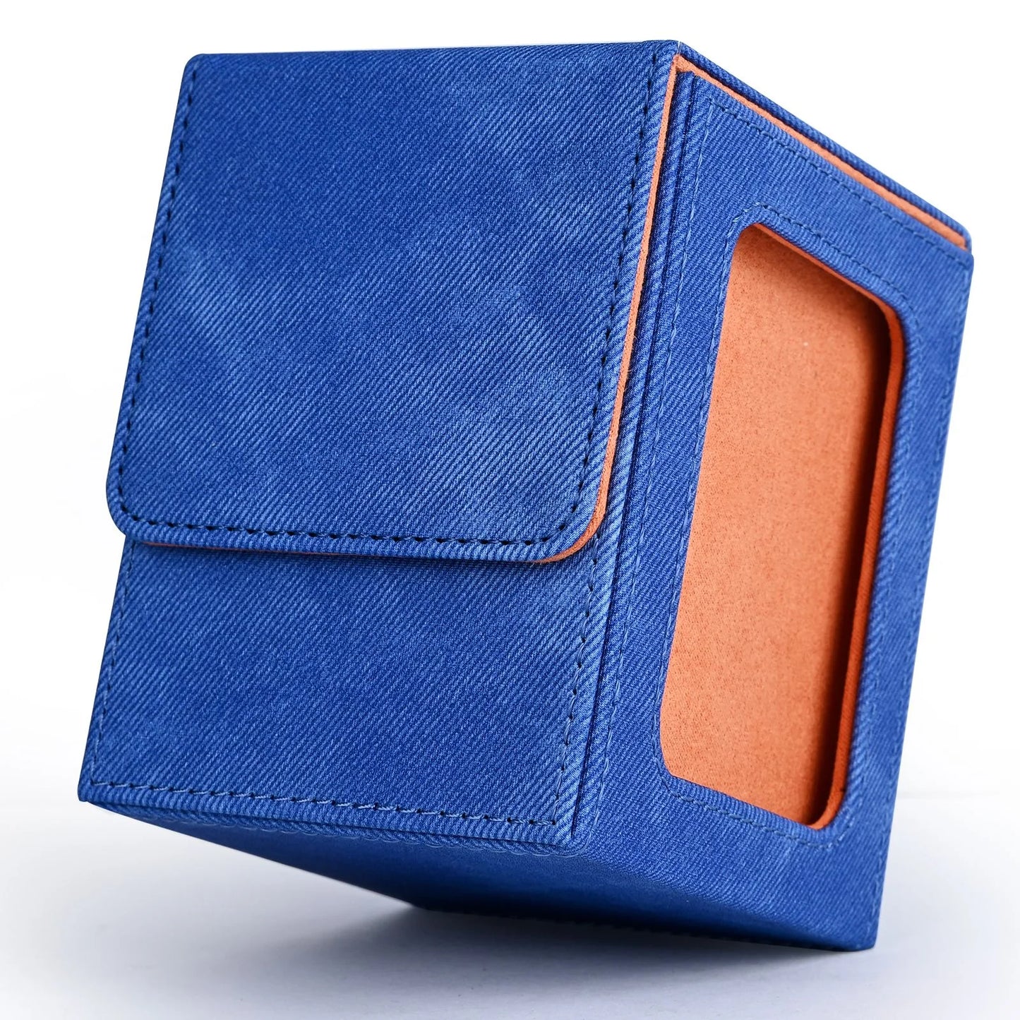 Card Deck Box with Display Window, Trading Card Storage Case, Holds 120+ Single Sleeved Cards, PU Leather Denim Card Box for 