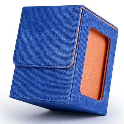 Card Deck Box with Display Window, Trading Card Storage Case, Holds 120+ Single Sleeved Cards, PU Leather Denim Card Box for 