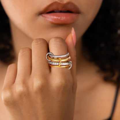 Luxury Cubic Zirconia Gold Plating Multilayer Connecting Rings for Women Fashion Mixed Color Stackable Finger Ring Party Jewe