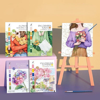 Portable Watercolor Painting Book 4 Sheets Coloring Book with Paint Brush Gouache Book Kids Graffiti Picture Drawing Statione