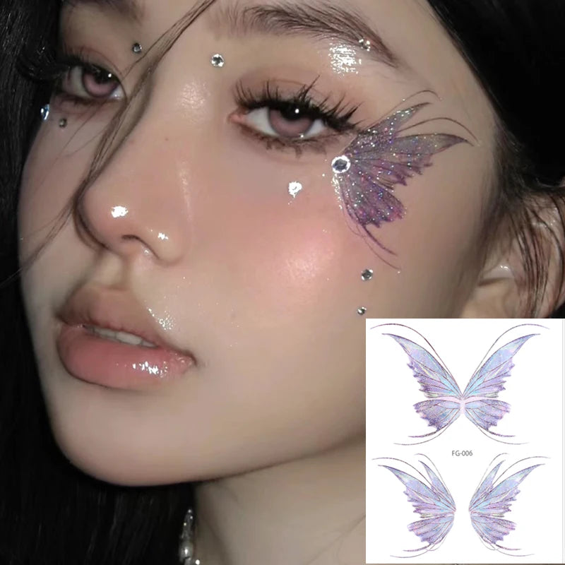 3D Fairy Butterfly Wings Shiny Tattoo Sticker Waterproof Eyes Face Body Art Fake Tattoos For Women Makeup Dance Music Festiva