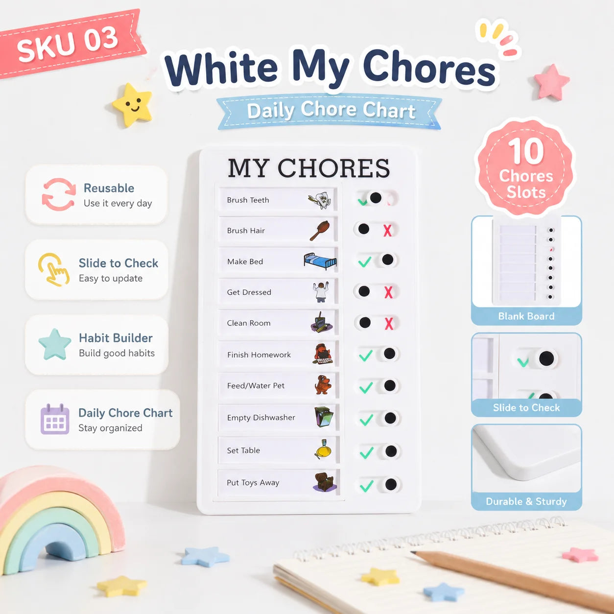 Self Discipline Checklist Board, Replaceable Plastic Chore Chart for Kids Adults, Summer Task Planner & Daily Habit Tracker -