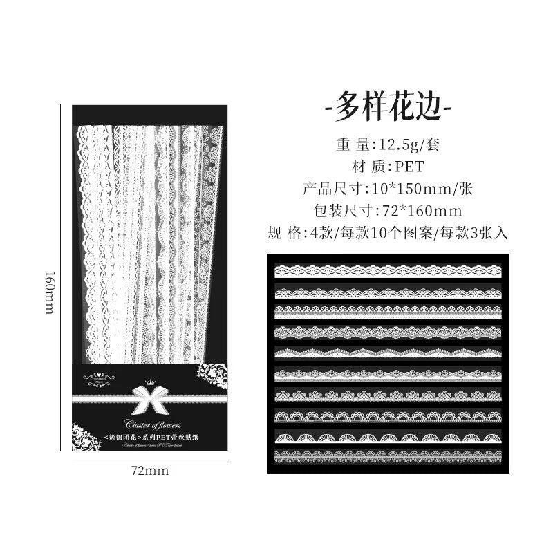 Journamm 30pcs/pack PET Lace Style Decor Stickers Collage Junk Journal DIY Scrapbooking Self Adhesive Creative Craft Stickers